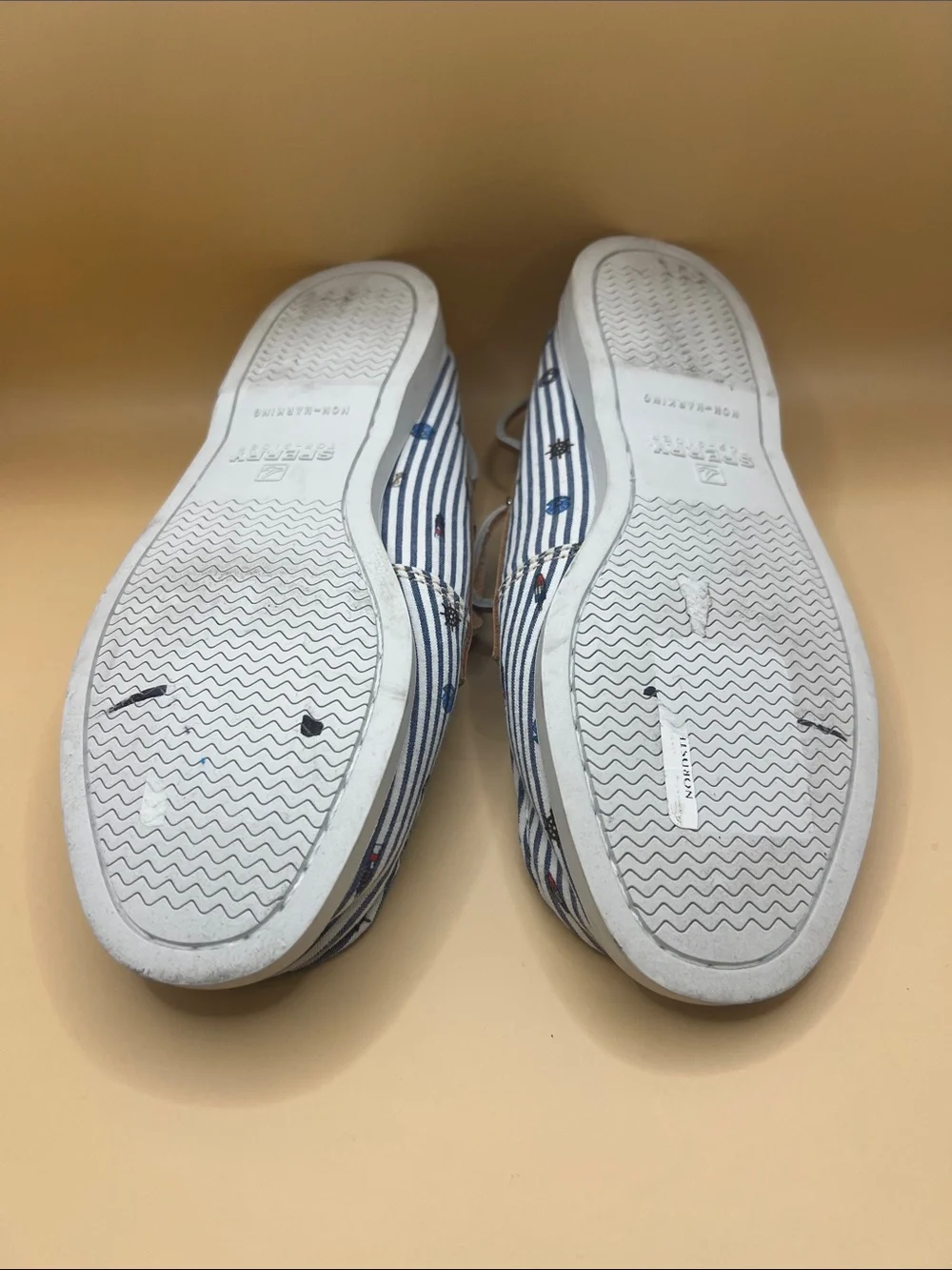 Sperry Kids Blue & White Striped Boat Moccasins with Tan Trim